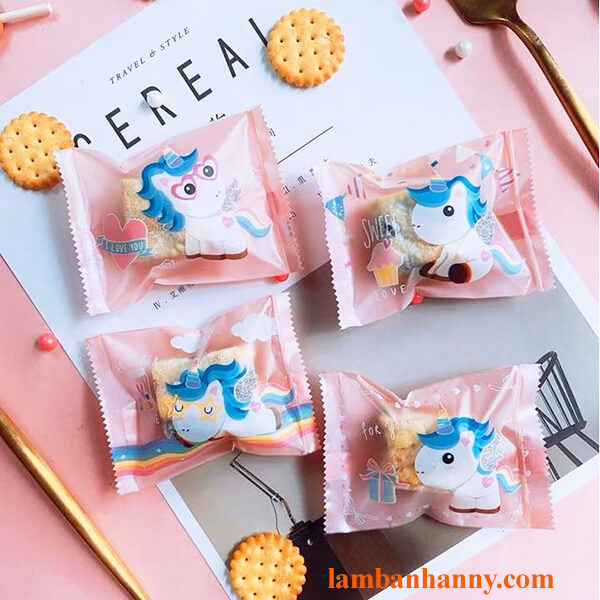 Túi đựng bánh quy pony unicorn xanh-hồng 7x10cm 4